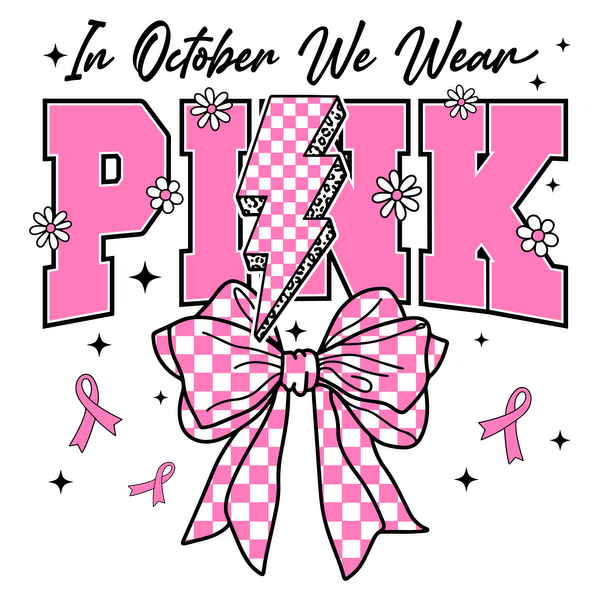 A vibrant graphic featuring the word "PINK" with a checkered lightning bolt, surrounded by flowers and a large bow. heat press transfers