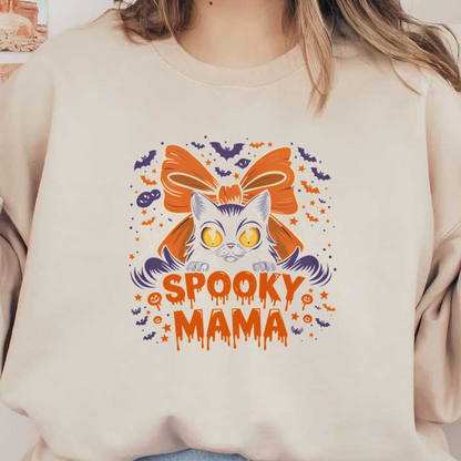 Un divertido diseño de Halloween que presenta un lindo gato negro con un gran lazo naranja, rodeado de decoraciones espeluznantes y el texto "Spooky Mama".