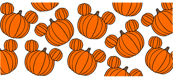 A playful pattern of orange pumpkins featuring Mickey Mouse-inspired silhouettes, perfect for a festive Halloween vibe.UV Transfers heat press transfers