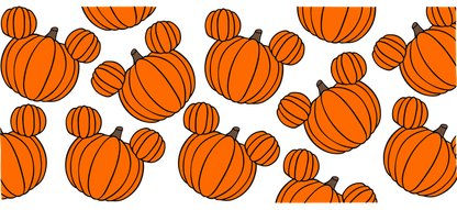 A playful pattern of orange pumpkins featuring Mickey Mouse-inspired silhouettes, perfect for a festive Halloween vibe.UV Transfers heat press transfers