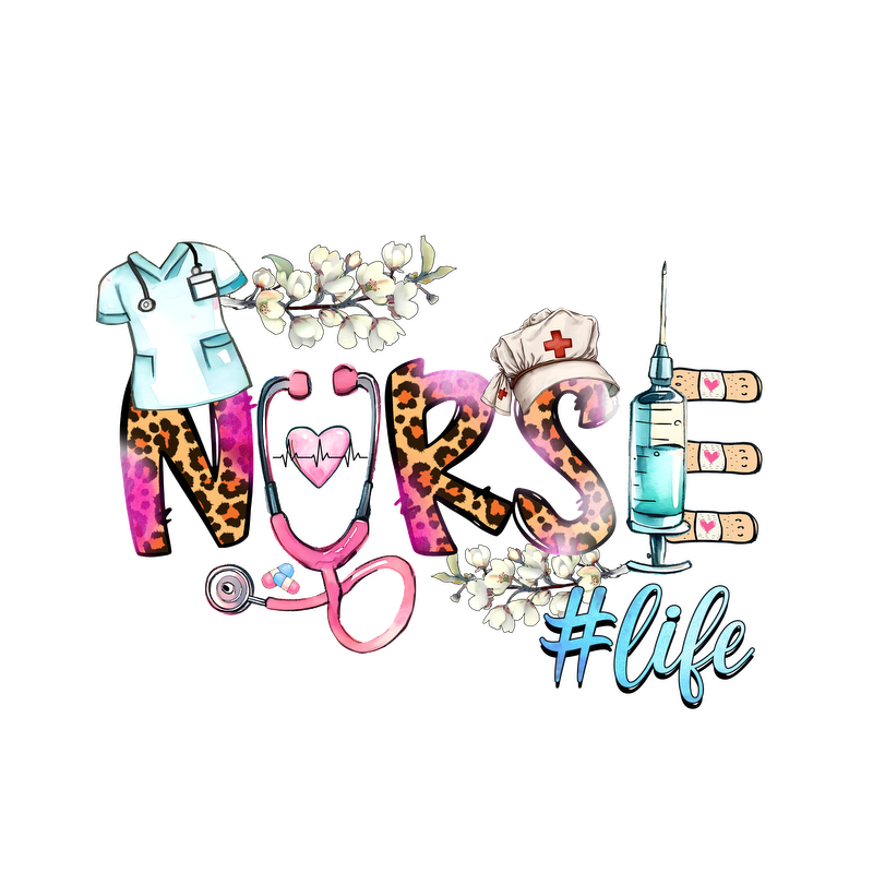 A vibrant graphic celebrating nursing with playful letters, featuring a nurse's uniform, stethoscope, syringe, and cheerful cotton blossoms.DTF Transfers