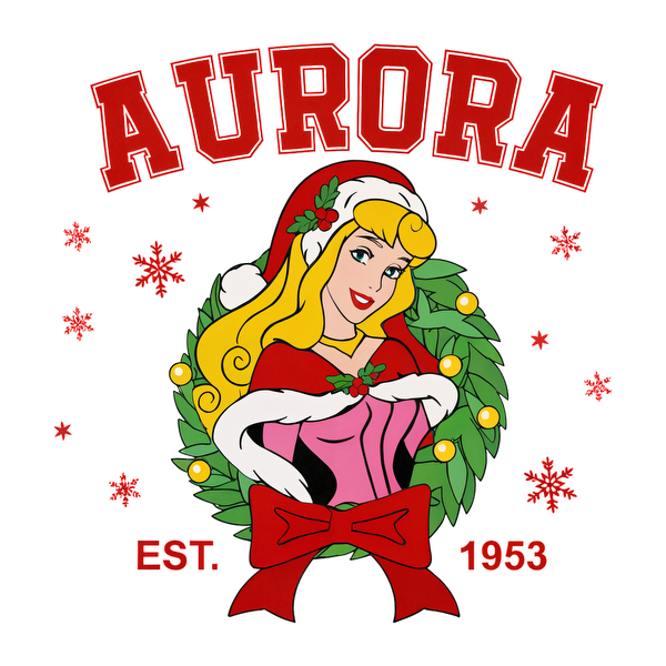 A festive design featuring Princess Aurora in a red holiday outfit, surrounded by a wreath and snowflakes, established 1953.DTF Transfersdtf regular iron