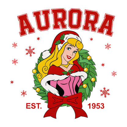 A festive design featuring Princess Aurora in a red holiday outfit, surrounded by a wreath and snowflakes, established 1953.DTF Transfersdtf regular iron