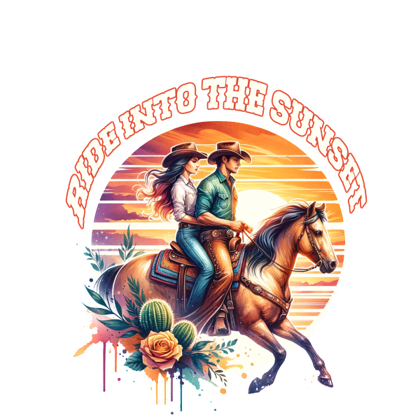 Una ilustración vibrante de un vaquero y una vaquera cabalgando hacia un atardecer, rodeados de cactus y flores florecientes.