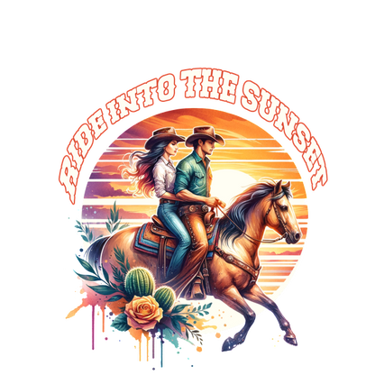 Una ilustración vibrante de un vaquero y una vaquera cabalgando hacia un atardecer, rodeados de cactus y flores florecientes.