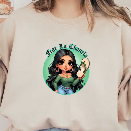 Un elegante personaje de dibujos animados que sostiene una chancla, viste una camiseta verde y jeans, con cabello largo y negro y accesorios atrevidos.