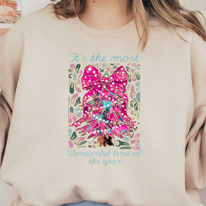 A cheerful holiday design featuring a glittery pink Christmas tree with a big bow, surrounded by colorful flowers and festive text.DTF Transfers dtf transfers