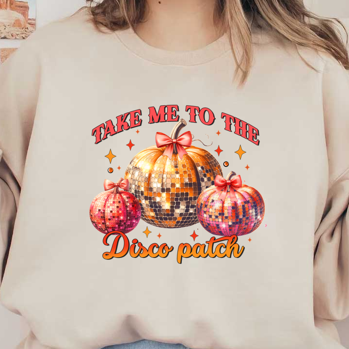 Celebrate fall with this vibrant design featuring disco-inspired pumpkins adorned with bows, perfect for a festive and fun atmosphere! dtf transfers heat press transfers