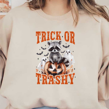 A playful Halloween graphic featuring a raccoon sitting on a pumpkin, surrounded by ghostly figures and the phrase "Trick or Trashy." heat press transfers