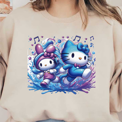 Hello Kitty and her friend are joyfully splashing through water, surrounded by musical notes, in vibrant, colorful outfits.DTF Transfersdtf regular iron dtf transfers