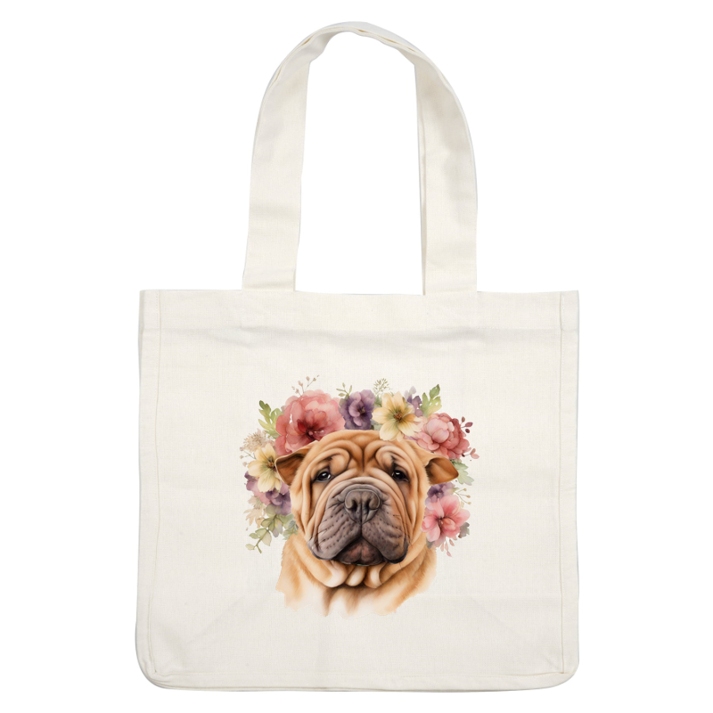 Una encantadora ilustración de un perro shar-pei rodeado de flores vibrantes, que muestra sus arrugas características y su rostro expresivo.