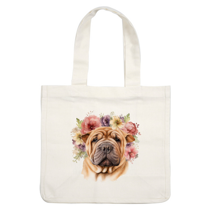 Una encantadora ilustración de un perro shar-pei rodeado de flores vibrantes, que muestra sus arrugas características y su rostro expresivo.