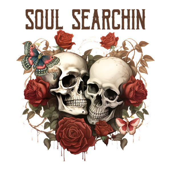 Un gráfico llamativo que presenta dos calaveras rodeadas de rosas y mariposas, con las palabras "Soul Searchin" (Búsqueda de almas) destacadas.