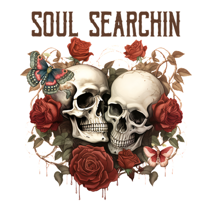 Un gráfico llamativo que presenta dos calaveras rodeadas de rosas y mariposas, con las palabras "Soul Searchin" (Búsqueda de almas) destacadas.