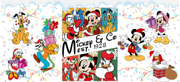 Celebrate the festive spirit with Mickey and friends, all dressed in Santa hats and surrounded by colorful gifts and decorations!UV Transfers heat press transfers