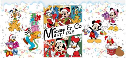 Celebrate the festive spirit with Mickey and friends, all dressed in Santa hats and surrounded by colorful gifts and decorations!UV Transfers heat press transfers