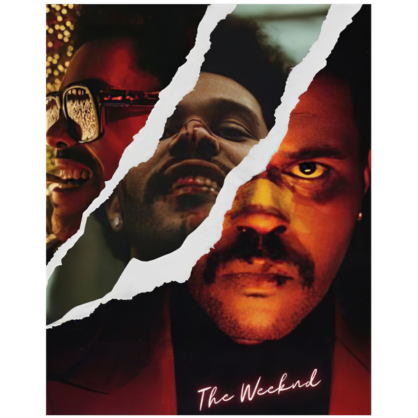 A striking album cover featuring The Weeknd with a creative torn design, showcasing his diverse expressions in vibrant colors.DTF Transfersdtf regular iron