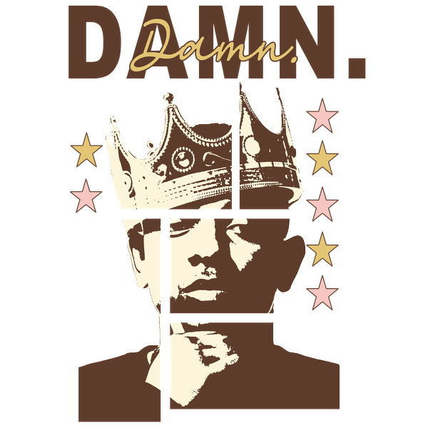 A stylized graphic featuring a crowned figure with the word "DAMN." prominently displayed, alongside stars and a modern design.DTF Transfers dtf transfers