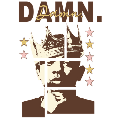 A stylized graphic featuring a crowned figure with the word "DAMN." prominently displayed, alongside stars and a modern design.DTF Transfers dtf transfers