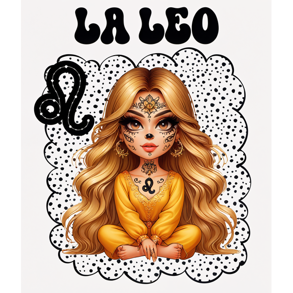 Una elegante ilustración de un hermoso personaje con temática de Leo, con intrincados diseños faciales, vistiendo un vibrante atuendo amarillo y luciendo un cabello largo y suelto.