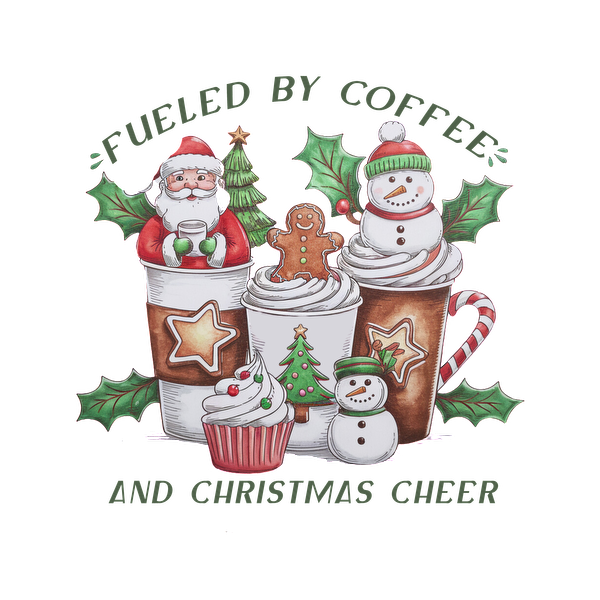 A festive illustration featuring coffee cups, Santa, and holiday treats, celebrating the joy of Christmas cheer and caffeine. dtf prints