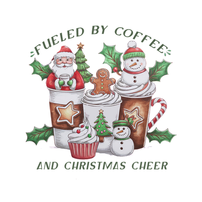 A festive illustration featuring coffee cups, Santa, and holiday treats, celebrating the joy of Christmas cheer and caffeine. dtf prints