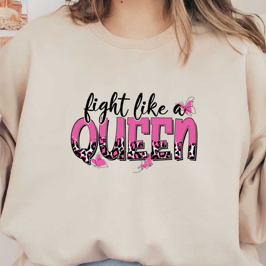 A vibrant graphic design featuring the word "QUEEN" in pink with leopard print accents and decorative butterflies. dtf transfers