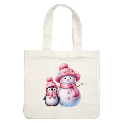 Adorable penguin and snowman duo, both dressed in cozy pink hats and scarves, bringing festive cheer to winter! heat press transfers