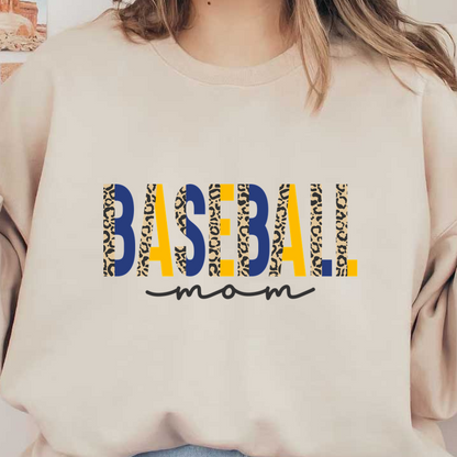 A stylish "Baseball Mom" graphic featuring bold colors and a leopard print design, perfect for proud baseball enthusiasts.DTF Transfersdtf regular iron