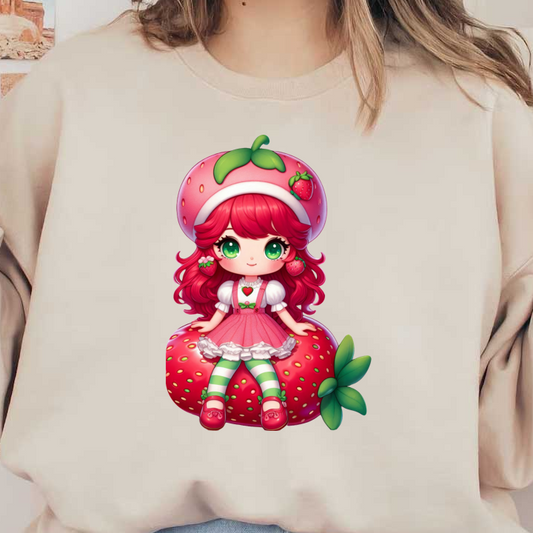 This adorable strawberry-themed character features vibrant red hair, a strawberry cap, and a pink dress with striped leggings.DTF Transfers