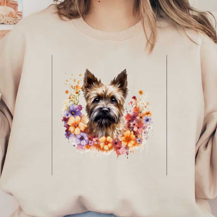 Una encantadora ilustración de un perro rodeado de flores vibrantes y coloridas, que muestra una combinación de realismo y estilo artístico.