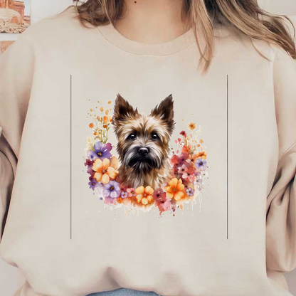 Una encantadora ilustración de un perro rodeado de flores vibrantes y coloridas, que muestra una combinación de realismo y estilo artístico.