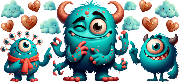 A colorful trio of cute cartoon monsters with playful expressions, surrounded by fluffy clouds and hearts, radiating joy and fun.UV Transfersdtf regular iron