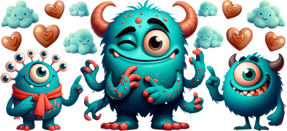 A colorful trio of cute cartoon monsters with playful expressions, surrounded by fluffy clouds and hearts, radiating joy and fun.UV Transfersdtf regular iron