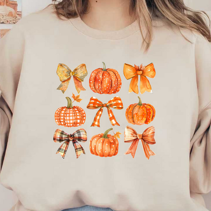 A delightful collection of hand-painted pumpkins and bows in vibrant orange hues, perfect for autumn-themed decorations.dtf regular iron