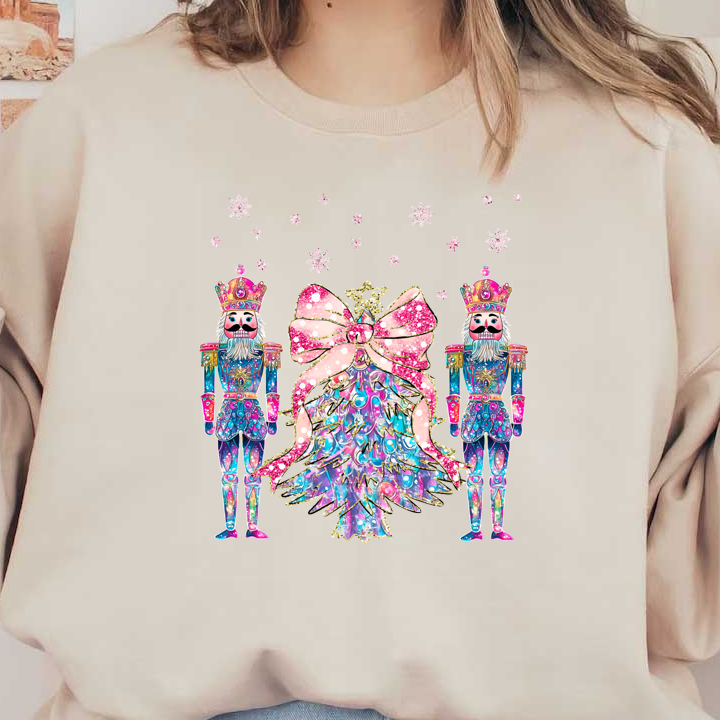 Celebrate the holidays with this vibrant illustration of two colorful nutcrackers flanking a sparkling Christmas tree adorned with a pink bow.DTF Transfers dtf prints