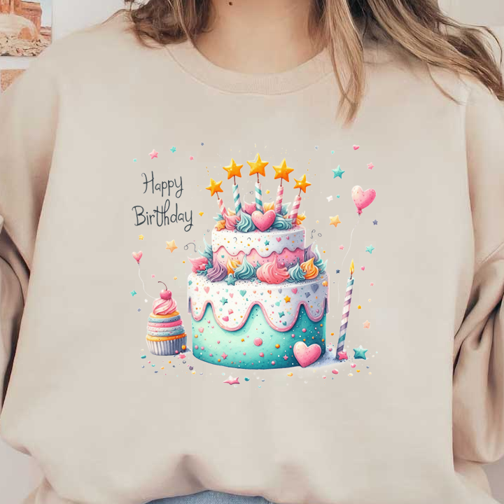 Celebrate with this delightful birthday cake featuring colorful frosting, stars, and candles, accompanied by a matching cupcake!DTF Transfers