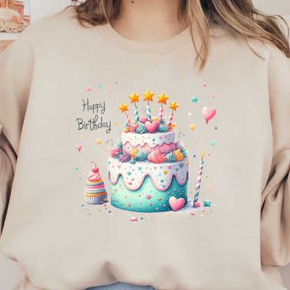 Celebrate with this delightful birthday cake featuring colorful frosting, stars, and candles, accompanied by a matching cupcake!DTF Transfers
