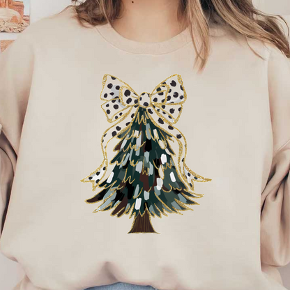 Un árbol de Navidad bellamente ilustrado, adornado con un elegante lazo de lunares y con una combinación de follaje verde y colorido. Transferencias DTF