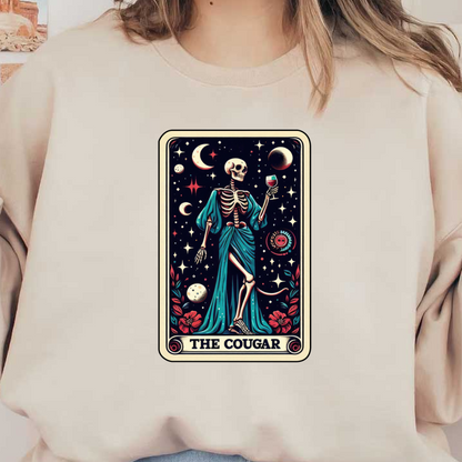 A whimsical illustration features a skeleton in a flowing blue robe, holding a wine glass amidst stars and planets, labeled "The Cougar." dtf transfers