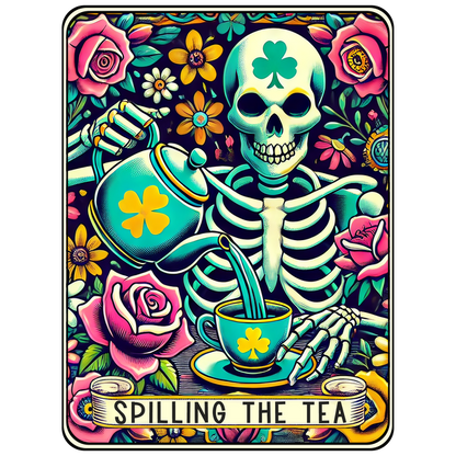 Una ilustración vibrante y colorida que presenta un esqueleto sirviendo té con tréboles, rodeado de rosas y flores, titulada "Derramando el té".