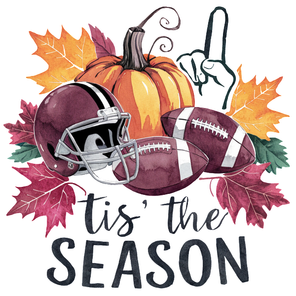 A festive autumn-themed graphic featuring a football helmet, footballs, a pumpkin, and colorful leaves with the phrase "tis' the season." dtf prints