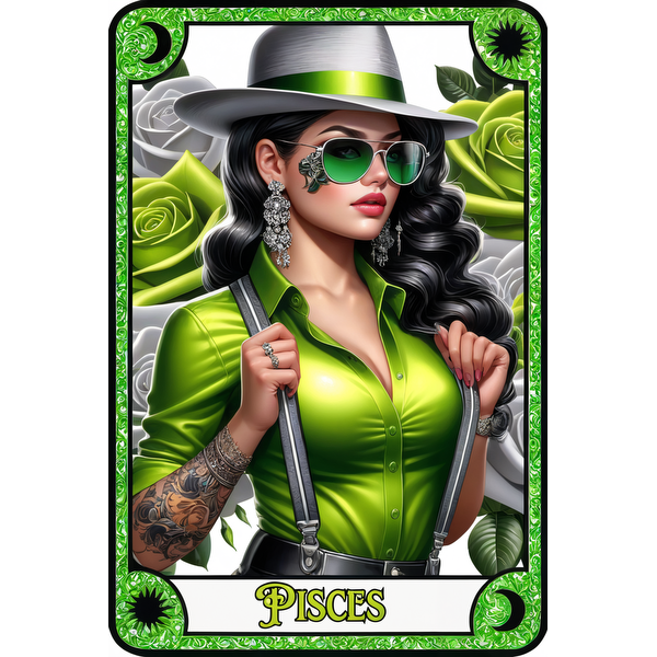 Una mujer elegante encarna el signo zodiacal de Piscis, vistiendo una camisa verde vibrante, tirantes plateados y un elegante sombrero de ala ancha.