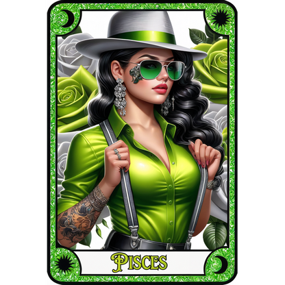 Una mujer elegante encarna el signo zodiacal de Piscis, vistiendo una camisa verde vibrante, tirantes plateados y un elegante sombrero de ala ancha.