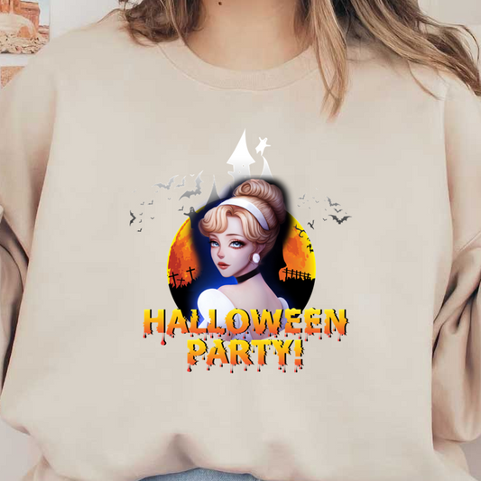 A whimsical Halloween party graphic featuring a stylish character against a spooky backdrop, with vibrant colors and a festive theme. dtf transfers