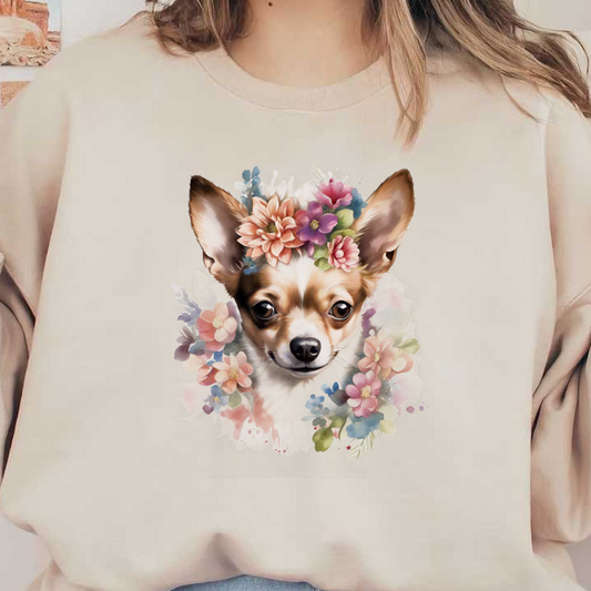 Un lindo chihuahua adornado con una vibrante corona floral, mostrando una sonrisa juguetona rodeada de flores de colores.