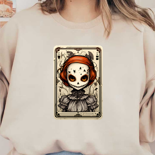 Una carta de juego extravagante que presenta a una niña esquelética con cabello naranja, vestida con un vestido vintage y adornado con detalles espeluznantes.