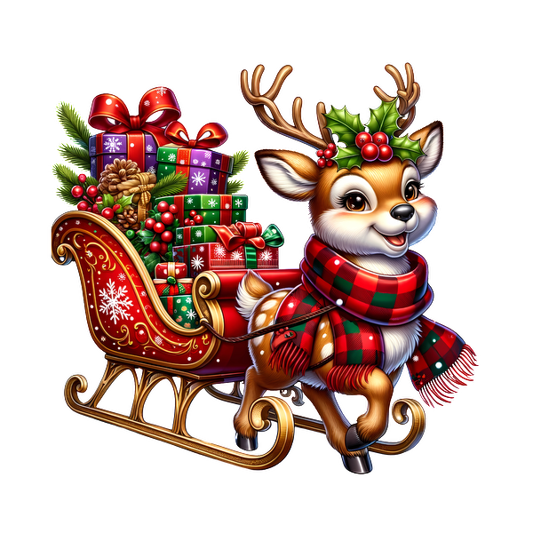 A cheerful reindeer pulls a festive sleigh loaded with colorful Christmas presents, adorned with holly and a cozy scarf. dtf transfers