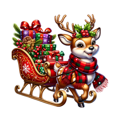 A cheerful reindeer pulls a festive sleigh loaded with colorful Christmas presents, adorned with holly and a cozy scarf. dtf transfers