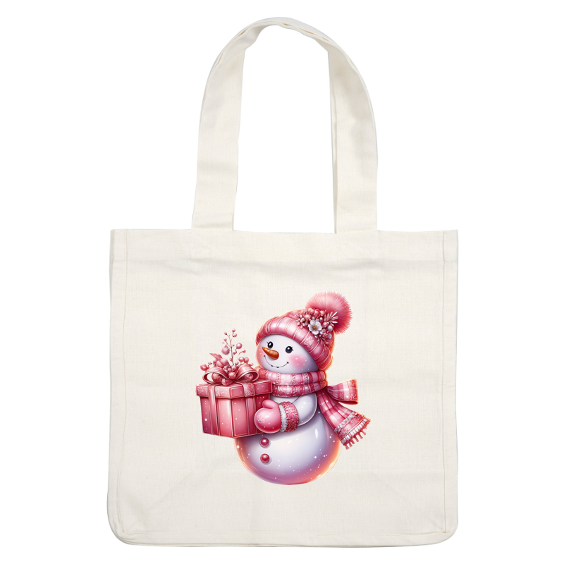 A cheerful snowman in a pink knitted hat and scarf holds a festive pink gift, adorned with flowers and snowflakes.dtf regular iron